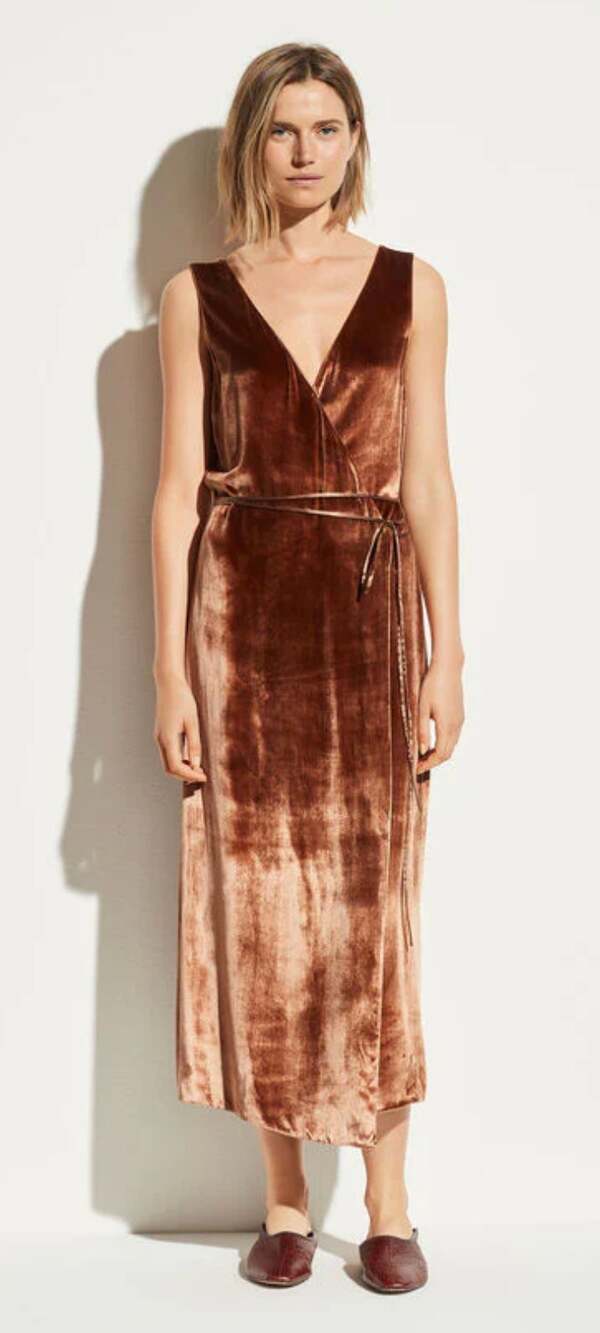 Vince Panné Velvet Sleeveless Wrap Midi Dress Rose Gold Womens Size XL New Silk